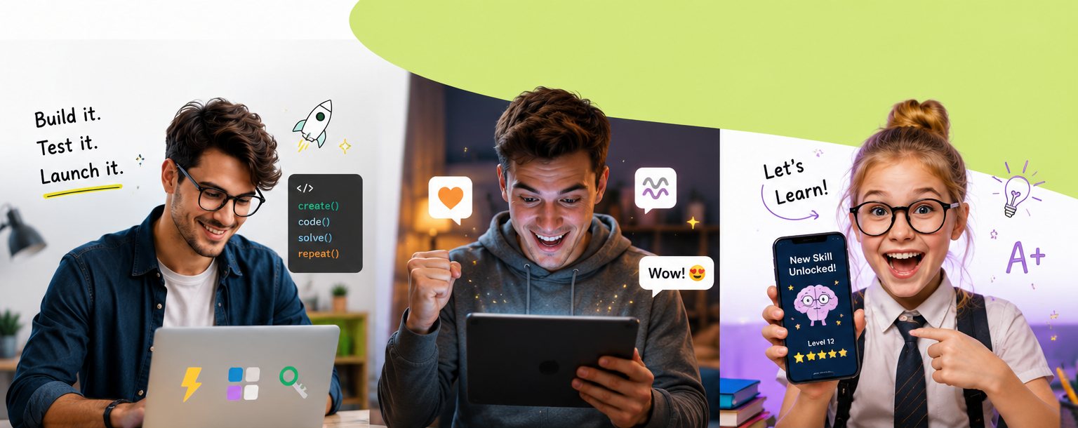 Three people using Silavex apps: building with tools, feeling an experience, learning by playing